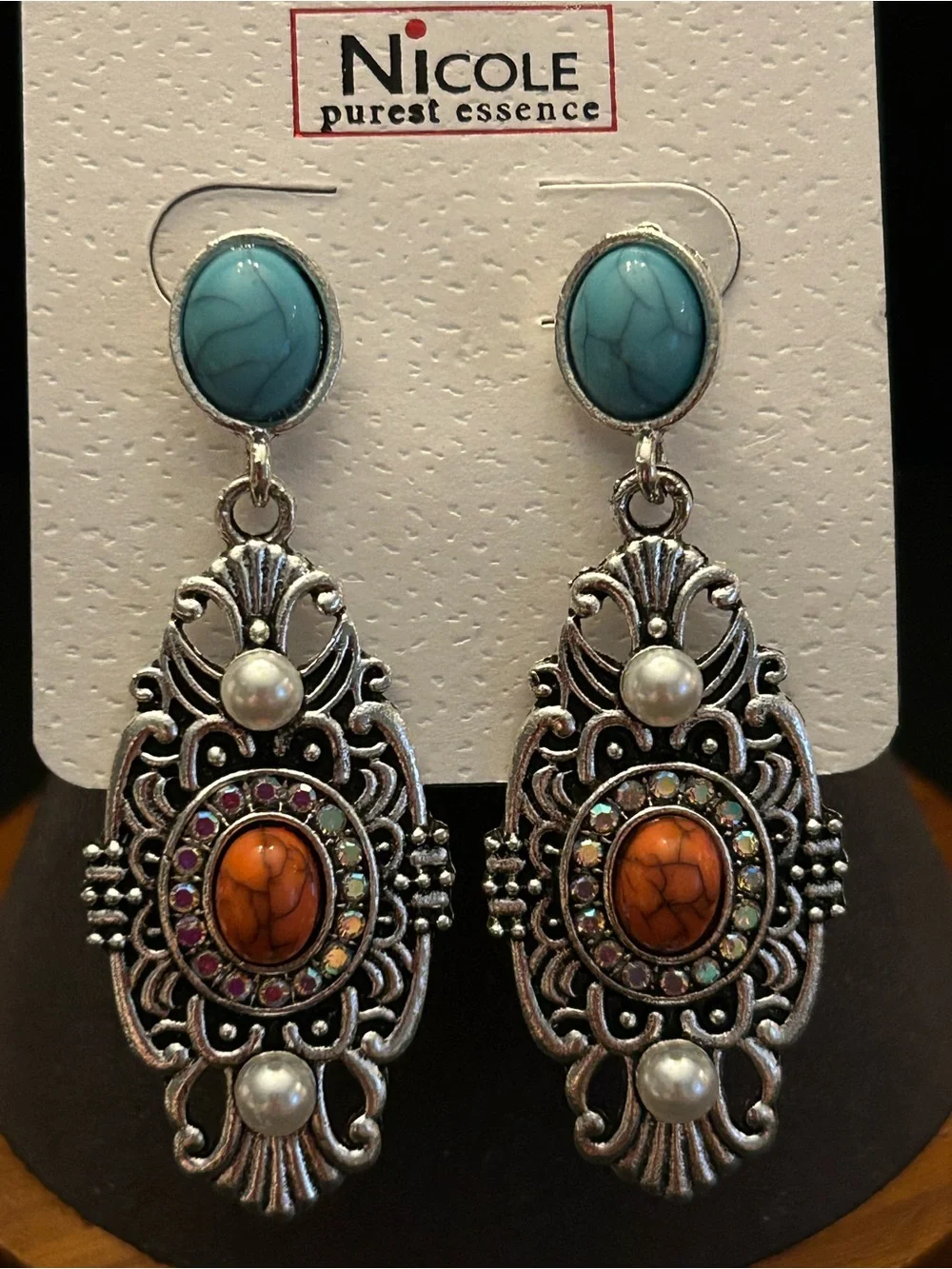 Nicole Turquoise & Orange Faux Stone Filigree Drop Earrings with Pearl Accents